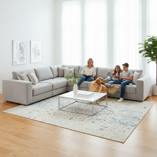 A modern modular power sectional sofa in a bright, contemporary living room with a family and their dog.