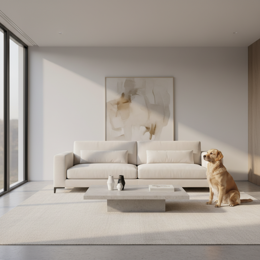 A clean modern sofa in a bright, pet-friendly living room with a dog sitting nearby on the floor.