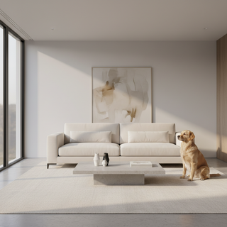 A clean modern sofa in a bright, pet-friendly living room with a dog sitting nearby on the floor.
