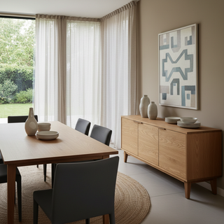 A premium fully assembled sideboard in a modern dining room, elegantly styled with minimalist decor and featuring a warm wood finish.