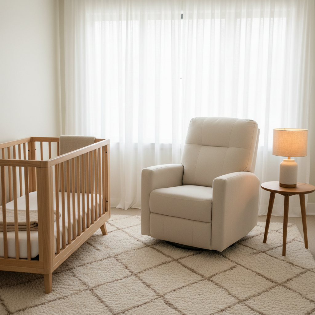 A serene, modern nursery featuring a comfortable power glider recliner in soft neutral tones positioned near a window with natural light.