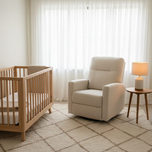 A serene, modern nursery featuring a comfortable power glider recliner in soft neutral tones positioned near a window with natural light.
