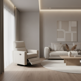A sleek, modern wall-hugger recliner in a compact, luxurious urban living room, positioned inches from the wall to save space.