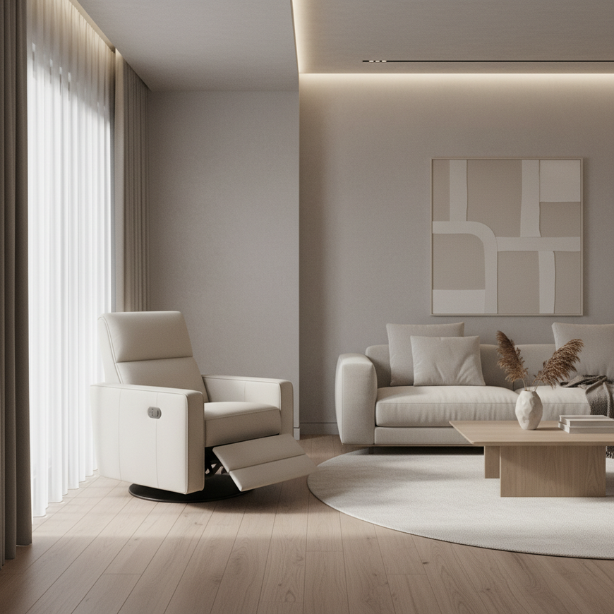 A sleek, modern wall-hugger recliner in a compact, luxurious urban living room, positioned inches from the wall to save space.