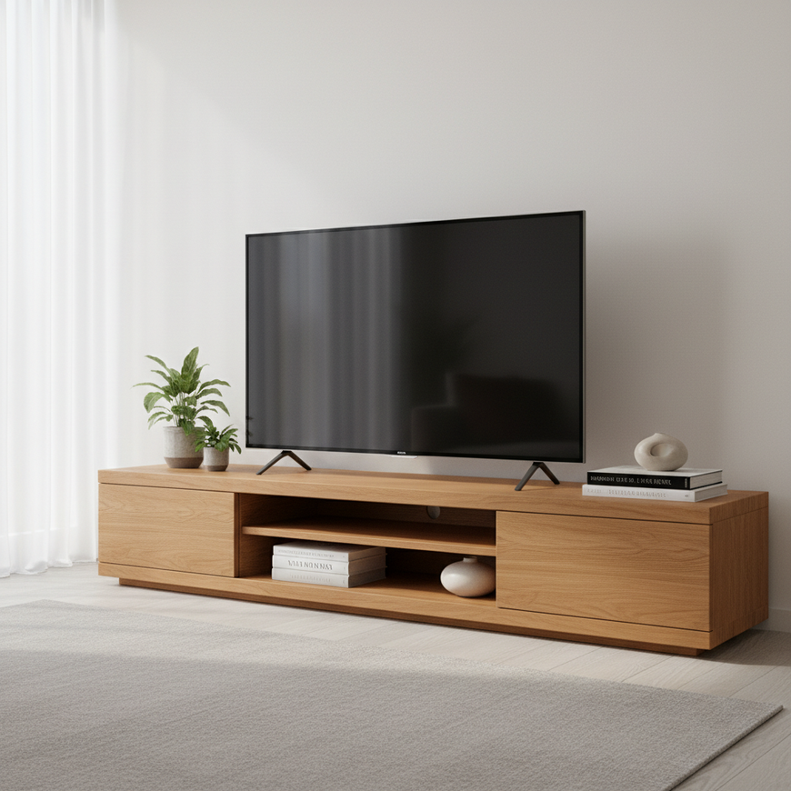 A premium fully assembled solid wood TV stand in a modern minimalist living room, featuring a large television and a clean, cable-free aesthetic.