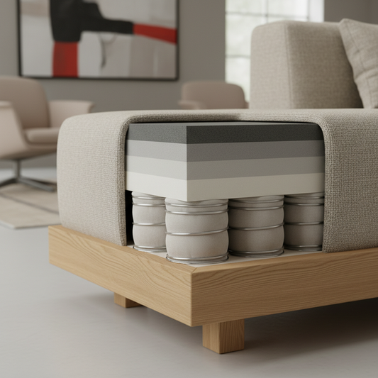 A detailed cross-section of a luxury sofa cushion revealing multiple layers of high-density foam and pocketed springs inside a wooden frame, set in a bright modern living room.
