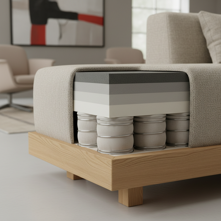 A detailed cross-section of a luxury sofa cushion revealing multiple layers of high-density foam and pocketed springs inside a wooden frame, set in a bright modern living room.