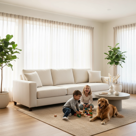 A pristine, light cream-colored modern performance fabric sofa in a sun-drenched living room where children and a dog are playing happily, showcasing a clean and family-friendly environment.