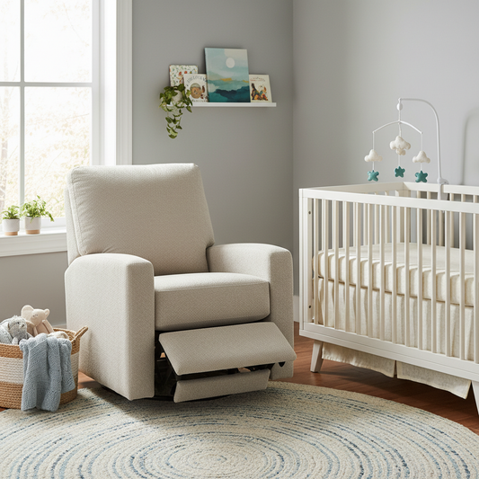 A serene nursery scene featuring a modern power swivel glider recliner in soft neutral tones, positioned near a crib with gentle ambient lighting highlighting its clean lines and plush cushions
