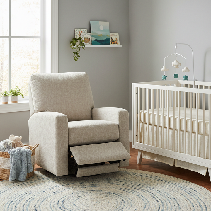 A serene nursery scene featuring a modern power swivel glider recliner in soft neutral tones, positioned near a crib with gentle ambient lighting highlighting its clean lines and plush cushions
