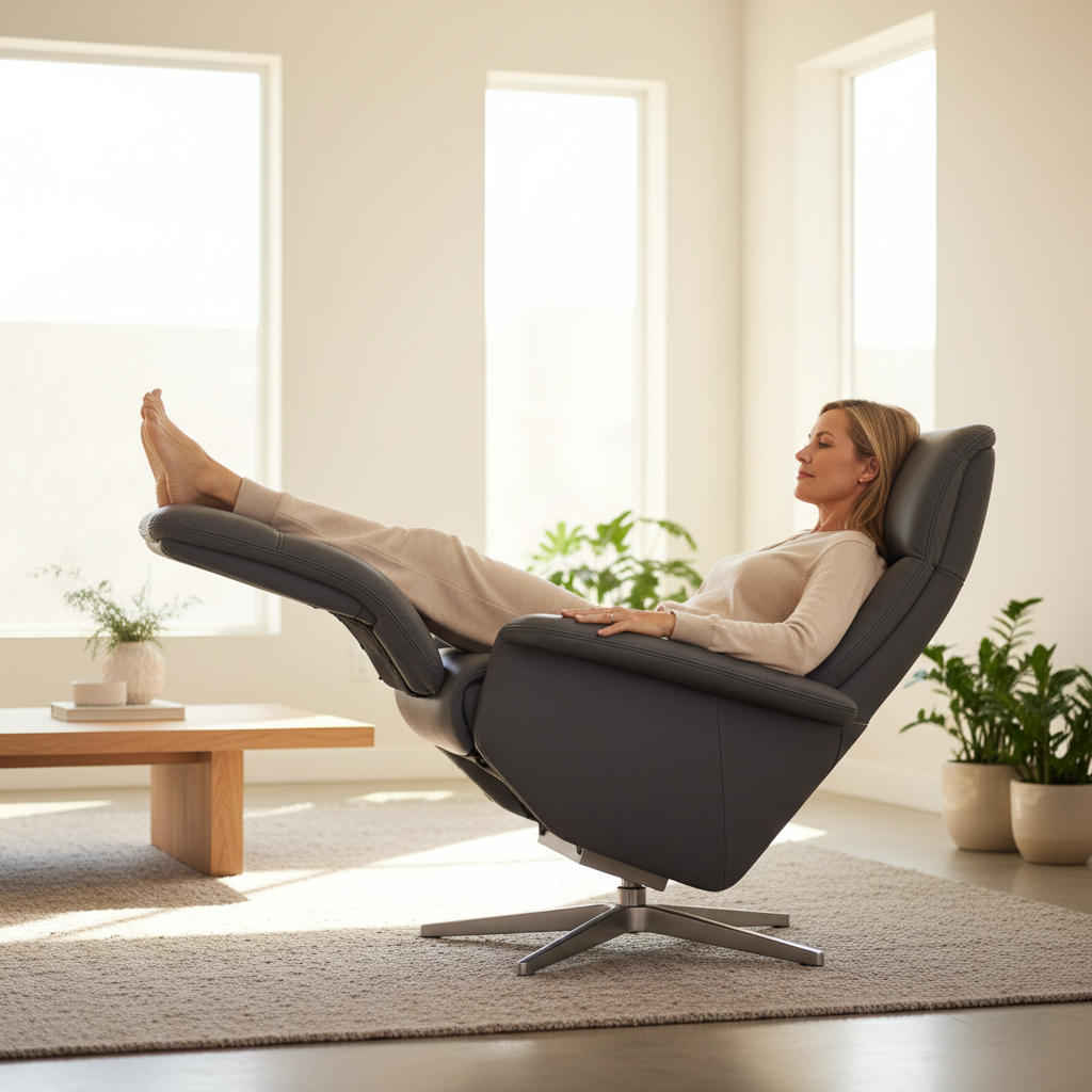A person comfortably reclined in a modern zero gravity power recliner with legs elevated in a bright, contemporary living room.