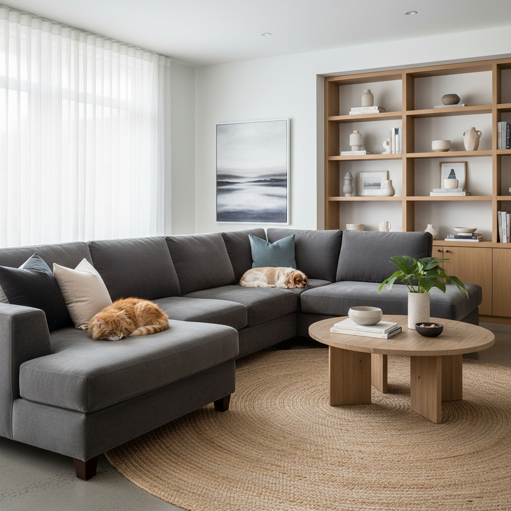 Modern living room with performance velvet sofa and pets