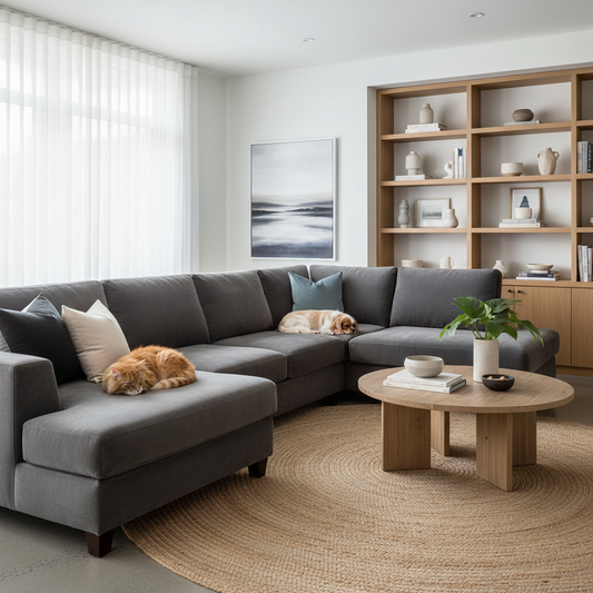 Modern living room with performance velvet sofa and pets