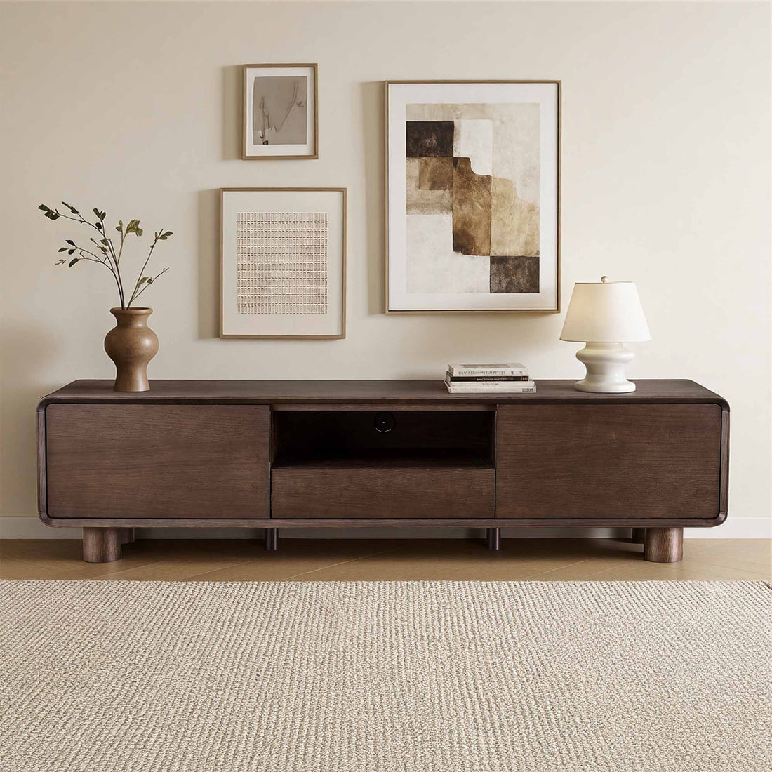 71" Eason Vintage Oak TV Stand with Drawers - 71" Eason Vintage Dark Oak TV Stand with two doors, drawer, open shelf, rounded edges.