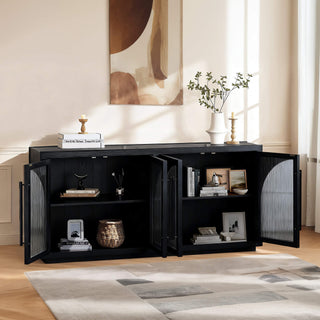 Black sideboard with arched fluted glass doors and adjustable shelves in a dining room.
