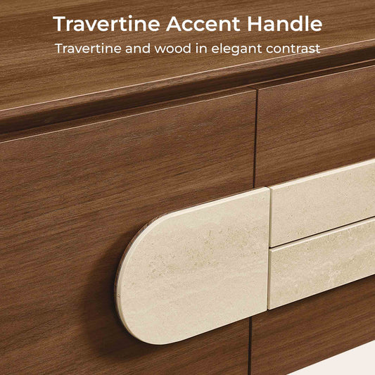 71" Otis Modern Wood Stylish Handles TV Stand - 71" Otis TV Stand: Walnut wood door with stylish travertine accent handle.