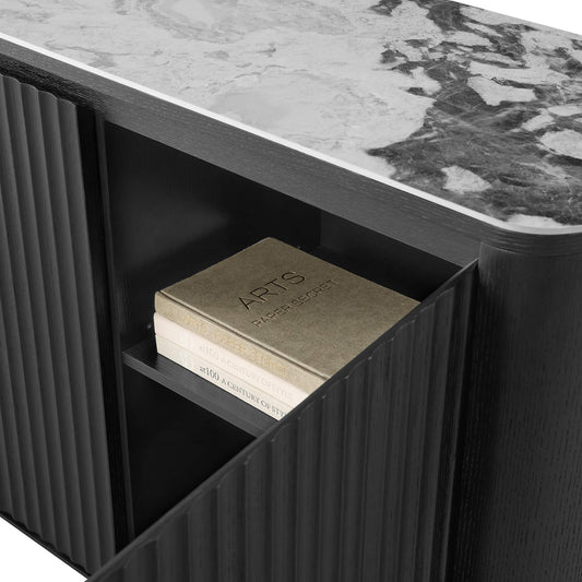 71" Rex Contemporary Fluted Multi-section Sideboard Buffet - Rex contemporary fluted black sideboard buffet with marble top, interior shelf detail.