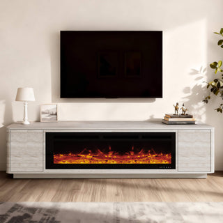 79" Aaron Travertine Electric Fireplace TV Stand - 79" Aaron Travertine Electric Fireplace TV Stand with panoramic fire and storage cabinets.