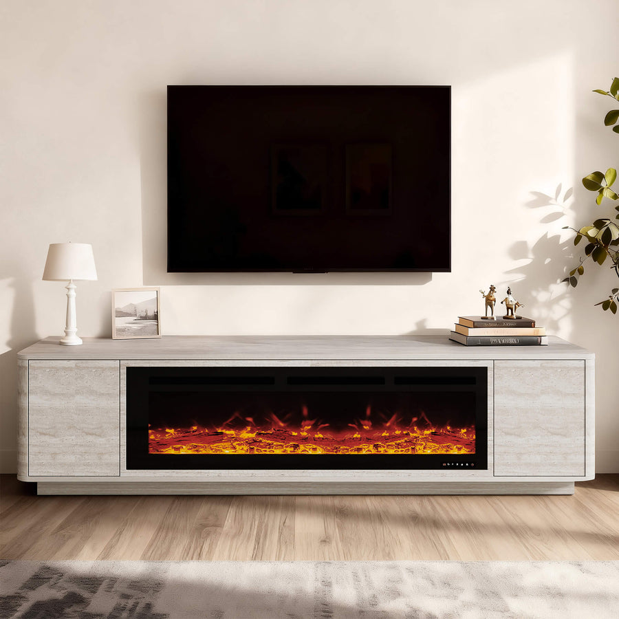 79" Aaron Travertine Electric Fireplace TV Stand - 79" Aaron Travertine Electric Fireplace TV Stand with panoramic fire and storage cabinets.