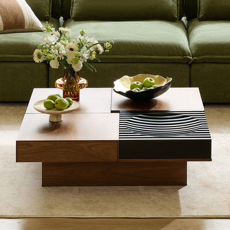 Editorial hero image showing the Ari Coffee Table with Modular Hidden Storage in a realistic pet-friendly living-room setting, introducing the comparison between lift-top utility and simpler coffee-table alternatives.