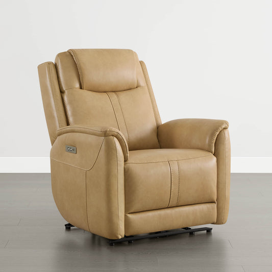 Atlas Modern Zero-Gravity Power Recliner - Atlas Modern Zero-Gravity Power Recliner in tan faux leather with independent footrest and plush headrest.