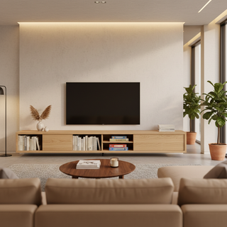 A modern living room featuring a stylish, fully assembled wooden sideboard used as a media console with a TV on top and organized storage shelves.