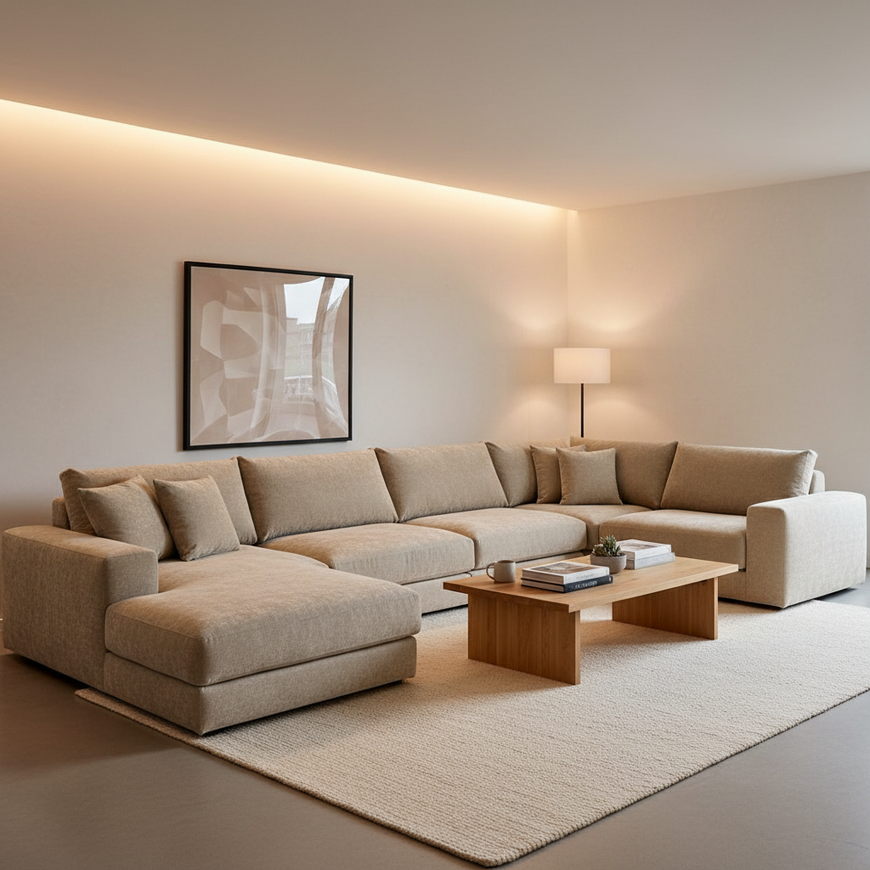 A cozy modern living room featuring a deep-seat modular sectional sofa with plush cushions and clean lines, in neutral tones.