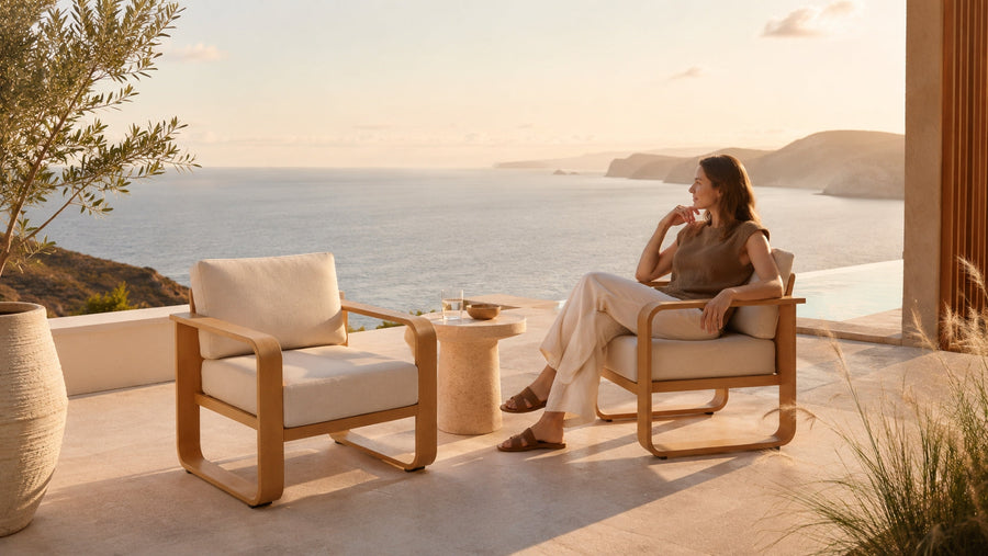 Two modern patio armchairs with cream cushions on a seaside terrace, with a woman relaxing beside a round side table at sunset.