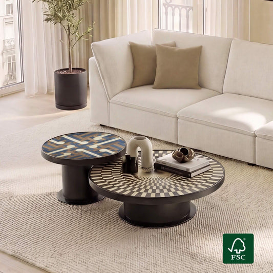 Nesting tables shown as flexible living-room furniture beside seating