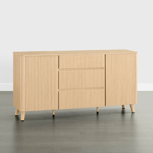62" Clara Contemporary Wood Sideboard - 62" Clara Contemporary Wood Sideboard in Natural Oak with fluted doors and three drawers, featuring tapered wood legs.