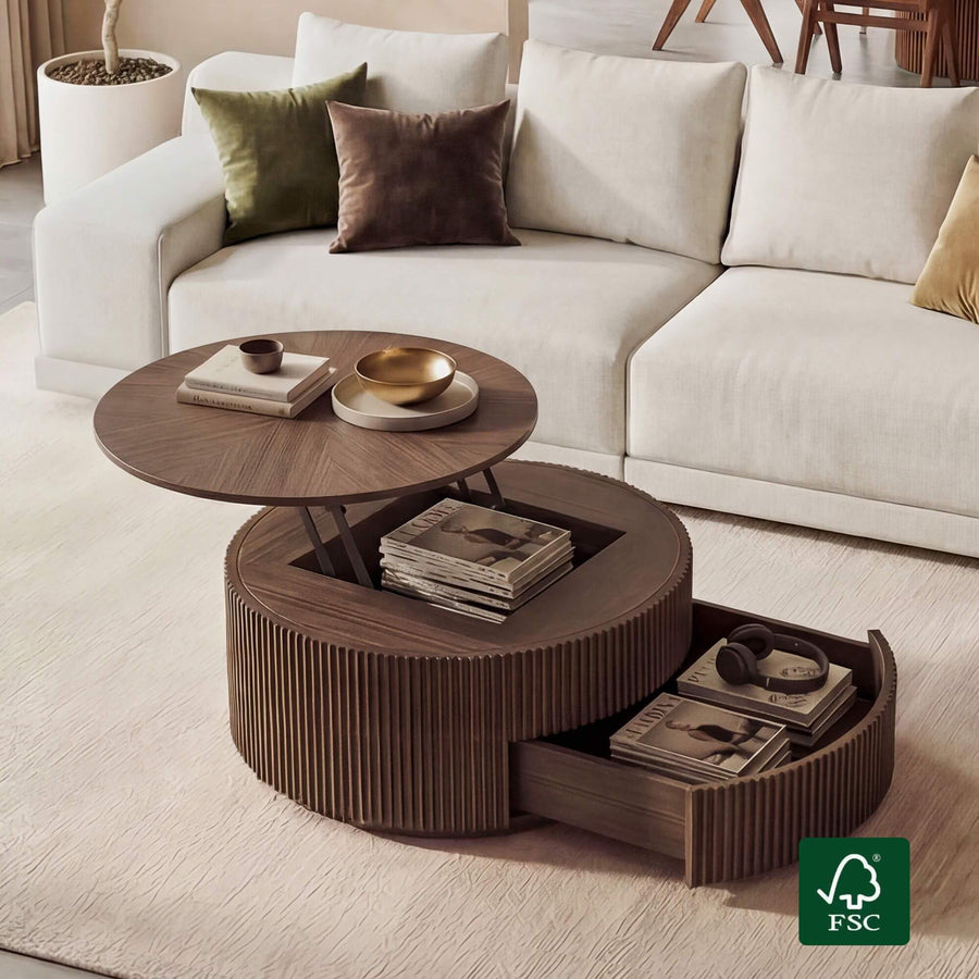 A broad ecommerce-style living room scene showing the Coral Lifting Top Round Coffee Table arranged for hosting snacks without covering the entire surface.