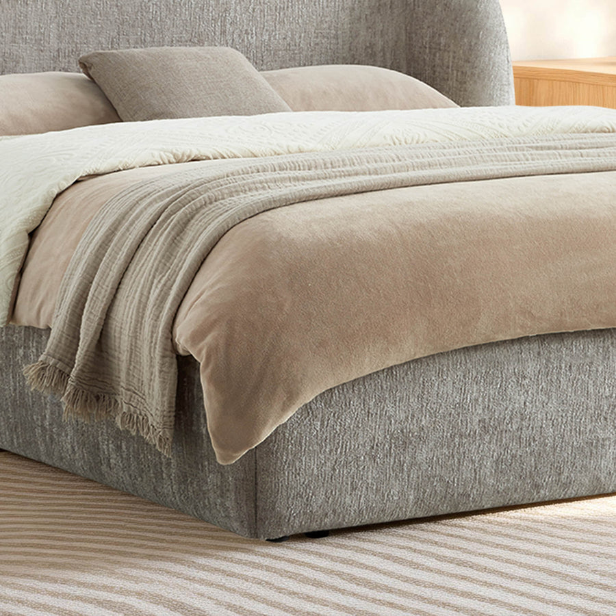 Evie Wingback Upholstered Storage Platform Bed - Evie wingback upholstered storage platform bed in light gray textured chenille, features ample under-bed storage.