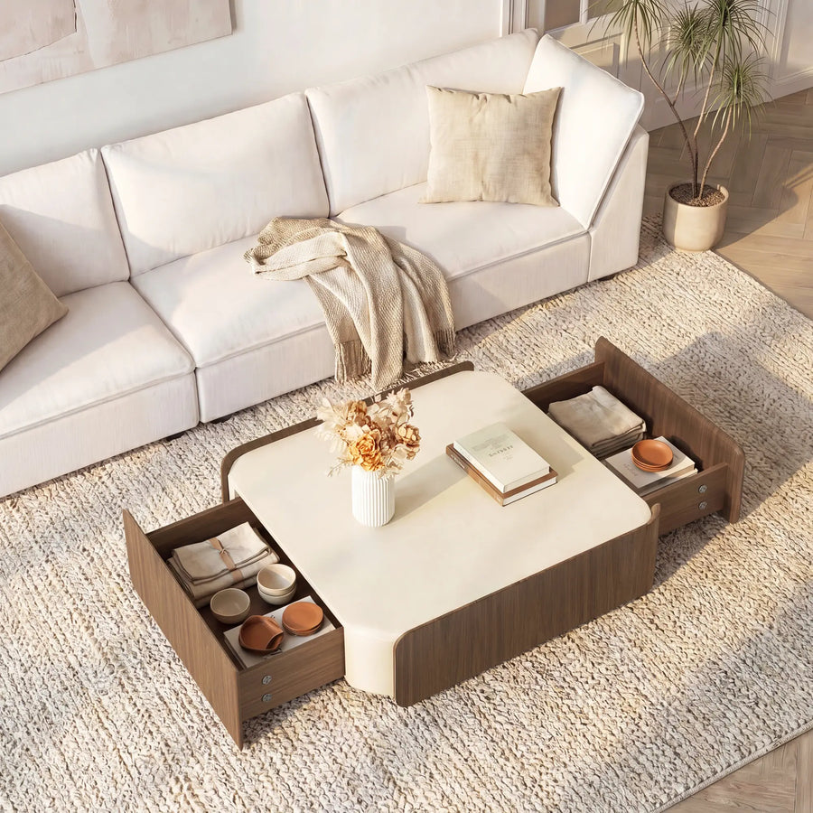 Editorial hero image showing how a compact coffee table can support a small living-room layout without blocking circulation.