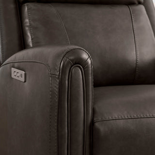 Hadley Modern Zero Wall-hugger Power Recliner - Dark brown faux leather Hadley recliner armrest with control panel and stitching detail.