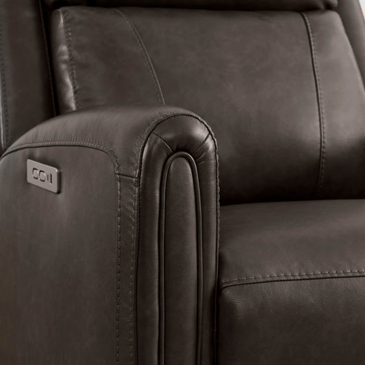 Hadley Modern Zero Wall-hugger Power Recliner - Dark brown faux leather Hadley recliner armrest with control panel and stitching detail.