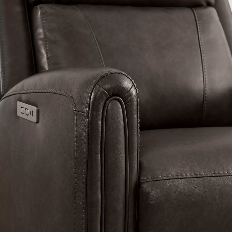 Hadley Modern Zero Wall-hugger Power Recliner - Dark brown faux leather Hadley recliner armrest with control panel and stitching detail.