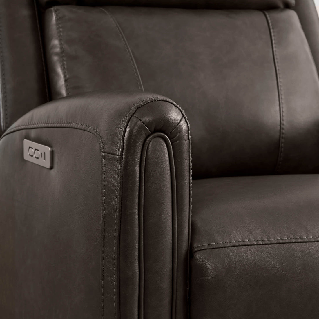 Hadley Modern Zero Wall-hugger Power Recliner - Dark brown faux leather Hadley recliner armrest with control panel and stitching detail.