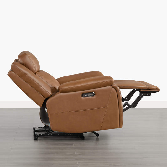 Isaac Zero Wall hugger Power Recliner with Cup Holder - Brown top-grain leather Isaac zero wall-hugger power recliner with extended footrest and adjustable headrest.