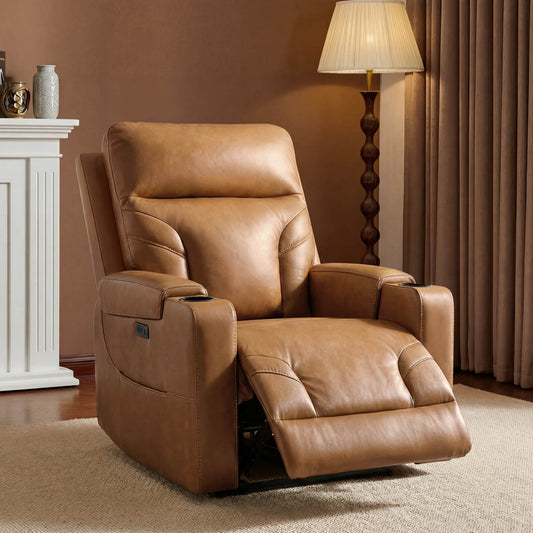 Raven Wall Hugger Genuine Leather Power Recliner with Cup Holders