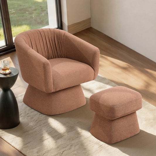 Pink swivel accent chair with matching ottoman by window