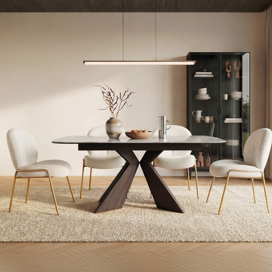 Dining table product reference for a guide about cleaning spills from sintered stone tabletops.