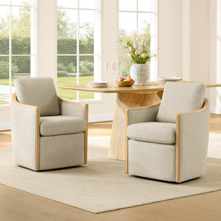 Dining room setting with an upholstered chair beside the table