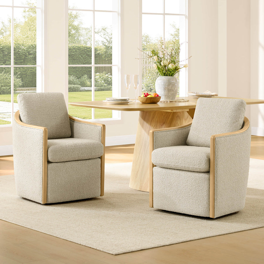 Dining room setting with an upholstered chair beside the table