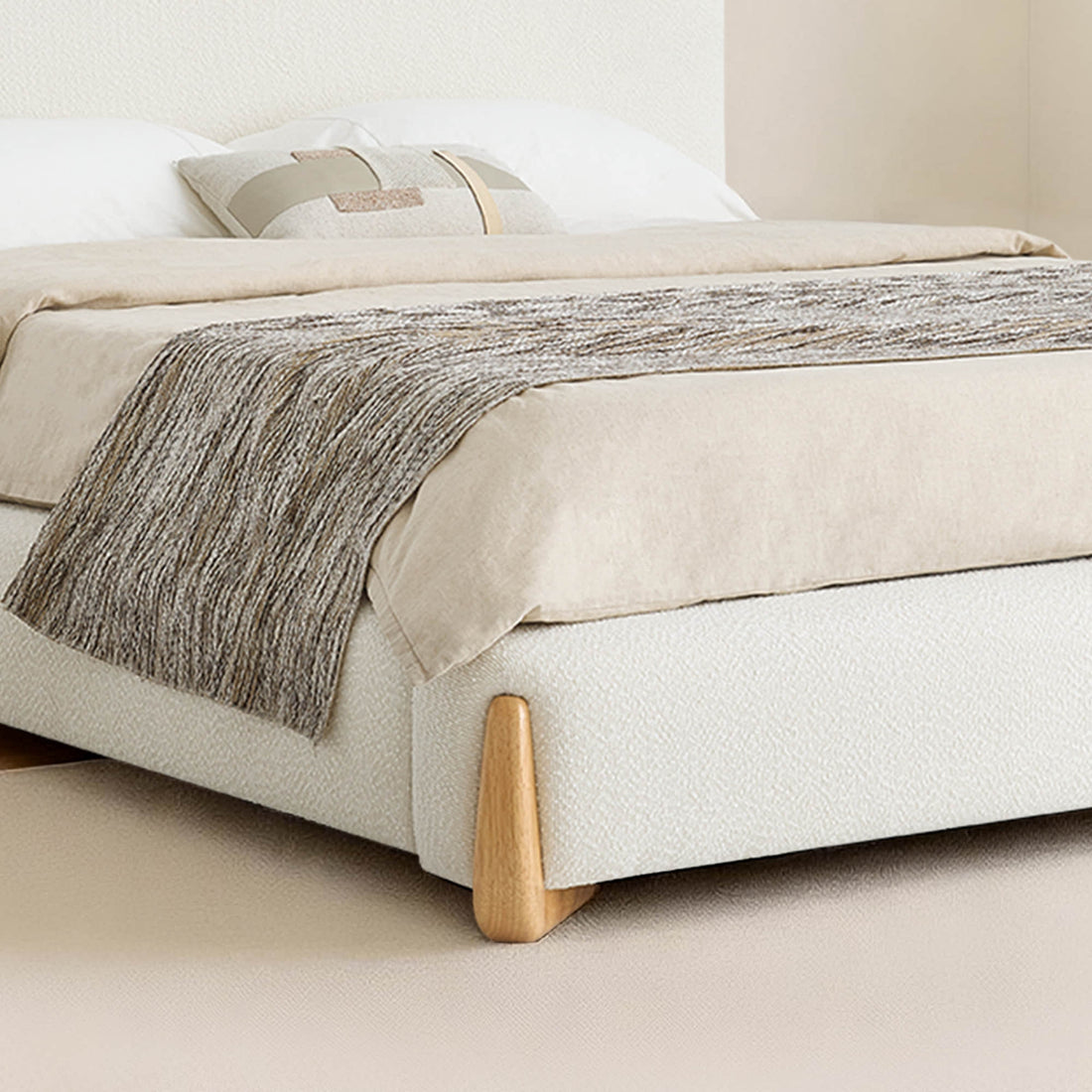Teleri Modern Platform Bed with Wood Leg - Teleri modern platform bed with curved headboard in cream boucle fabric and natural wood legs.