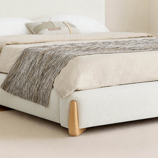 Teleri Modern Platform Bed with Wood Leg - Teleri modern platform bed with curved headboard in cream boucle fabric and natural wood legs.