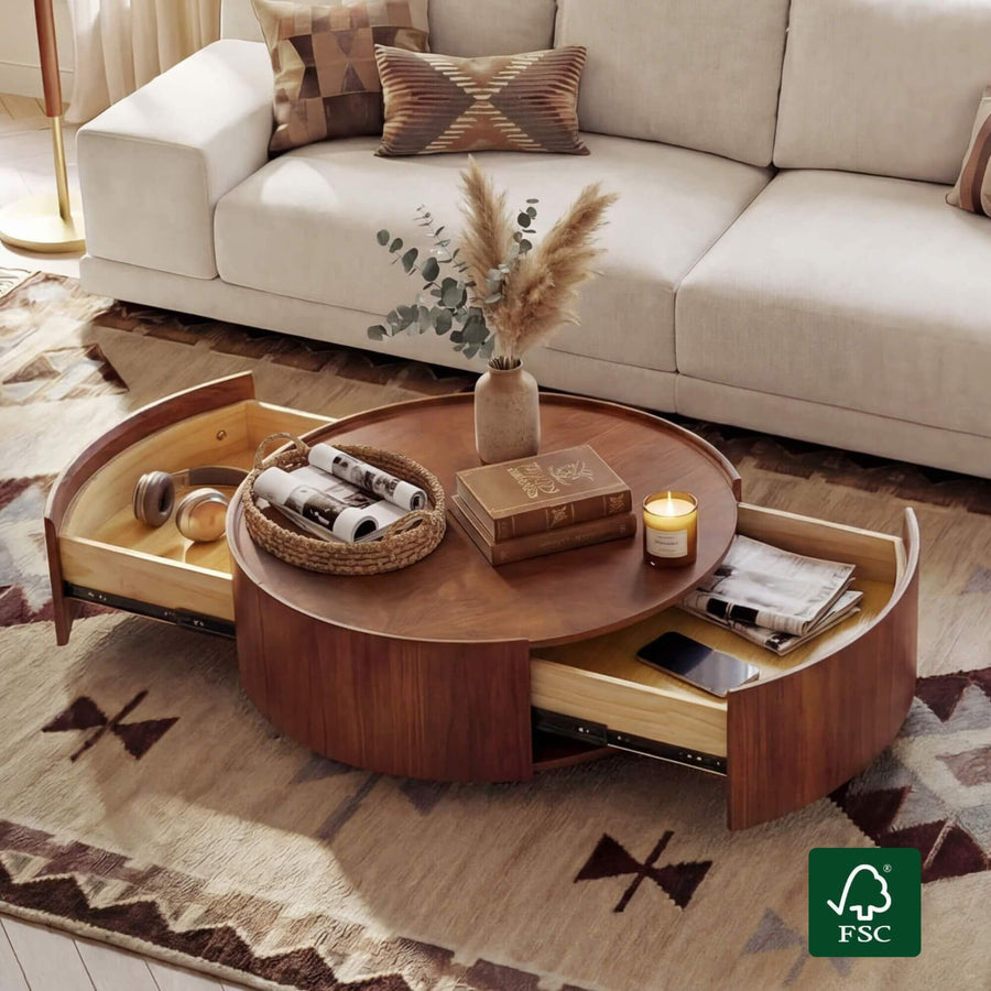 A sectional sofa surrounds a round storage coffee table, illustrating a broad room-fit and reach setup.