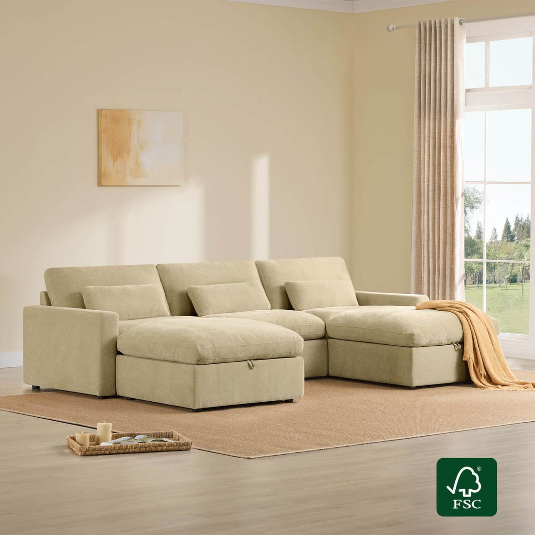 Ivy 5-Seat Performance Fabric Modular Sectional Sofa with Storage Ottoman - Beige Ivy 5-seat modular sectional sofa with hidden storage ottomans. Performance fabric, plush cushions, FSC certified.