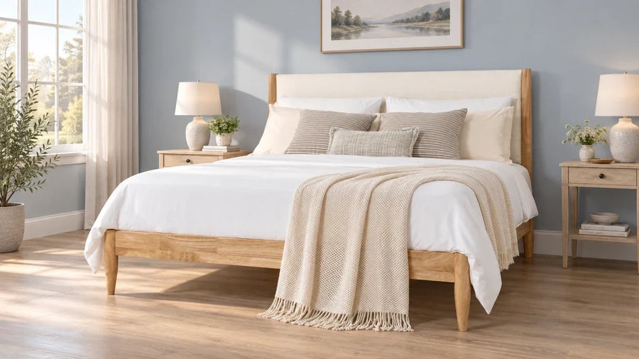 Solace bed with an ivory upholstered headboard and visible wood legs on an oak bedroom floor