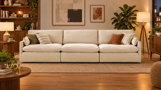 Ivory Kenna three-seat sofa in a living room with warm evening lamps