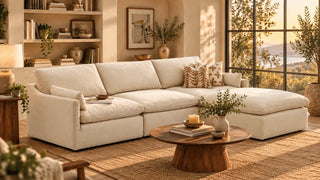 Cream Kenna sofa-chaise with loose cushions in a warm reading room.